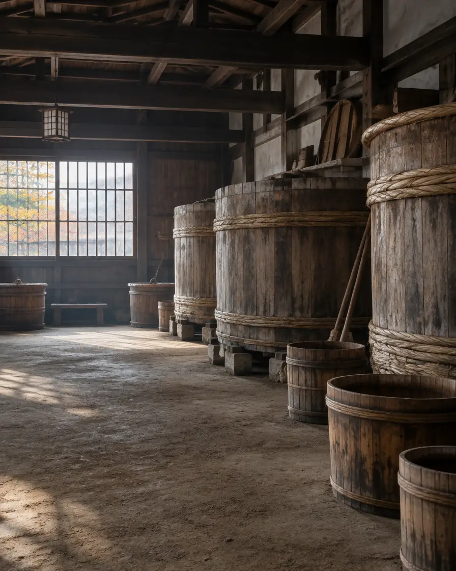 酒蔵の土間に並ぶ木桶