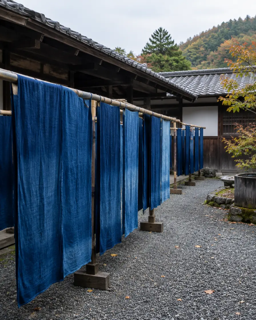 藍染の布が干された干場